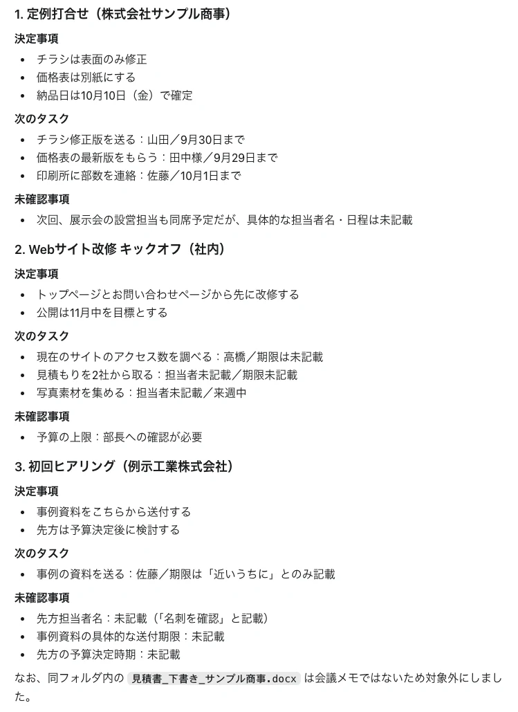 会議ごとに分かれ、メモにない担当者や期限が「未記載」になっている（画面の例）