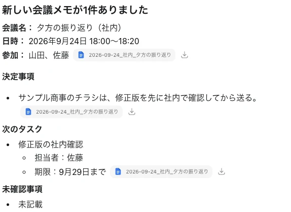 あとから入れた会議メモ1件だけが整理されている（画面の例）