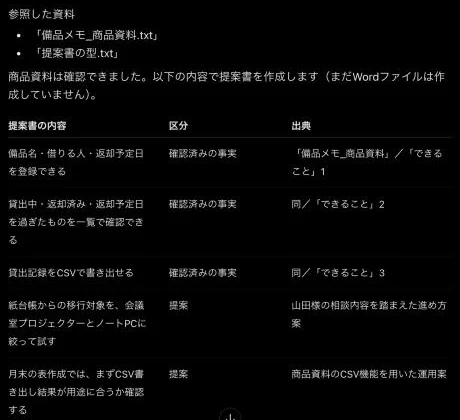 参照した資料名と、事実・提案・未確認を分けた対応表が先に出た画面