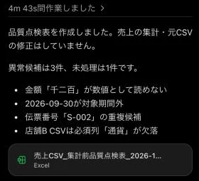 手動の1回で、読めない金額・期間外の日付・伝票番号の重複・通貨の列の欠けを拾った結果
