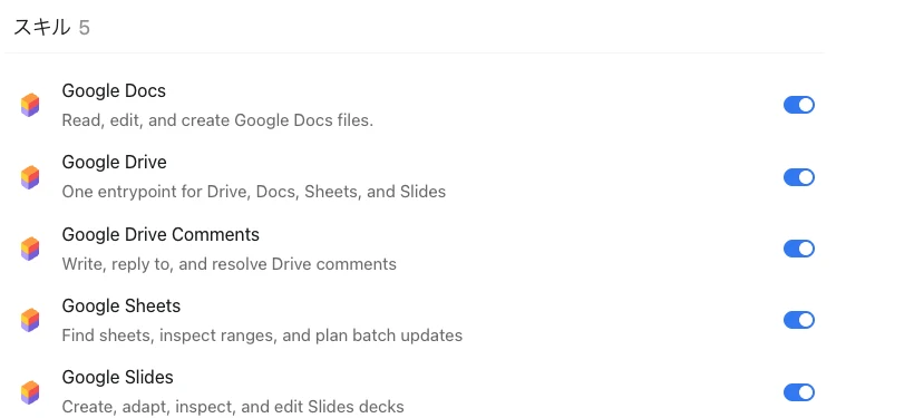 使わないスキルがオフになり、`Google Drive`だけが有効になっていればOKです(画面の例)