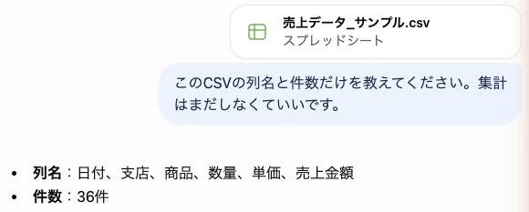 読み込まれた列と件数が元データと一致していればOKです(画面の例)